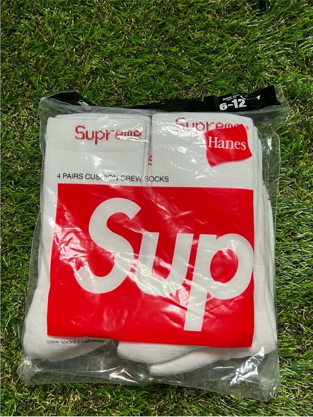 Supreme White Crew Socks with Red Logo